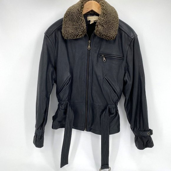 Colebrook Jackets & Blazers - Women's Leather Jacket Sherpa Collar Black Belted Size Medium COLEBROOK & CO.